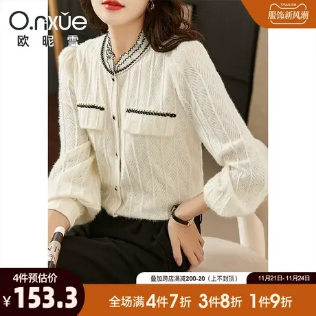 欧昵雪气质立领蕾丝衫女2023秋冬新款长袖设计感开衫加绒保暖上衣图片