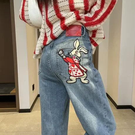 兔子刺绣哈伦牛仔裤女春秋2025新款小个子高腰显瘦宽松直筒老爹裤图片