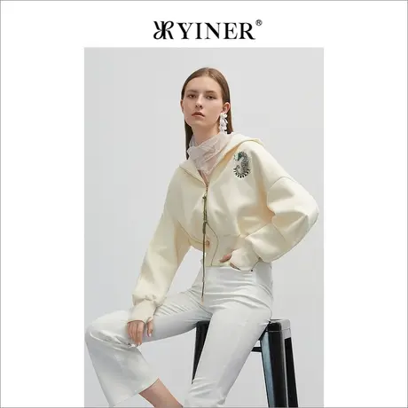 YINER音儿专柜女装2022春季新款海马印花拉链连帽短外套商品大图