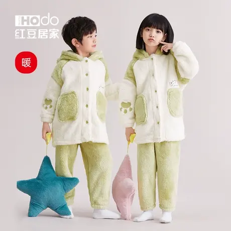 红豆居家儿童家居服泡泡绒秋冬加厚男孩连帽女可爱睡衣套装可外穿商品大图