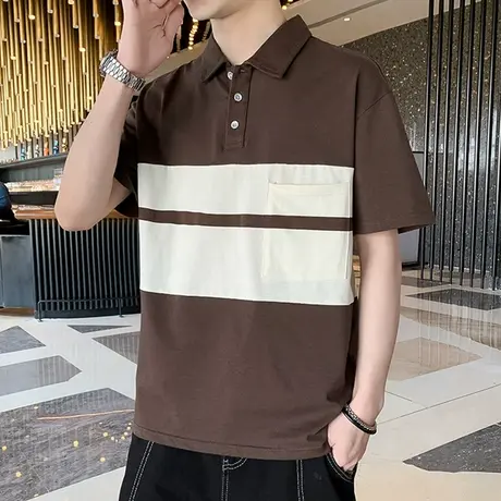2023夏季拼接撞色宽松翻领短袖t恤男士polo衫潮牌休闲港风上衣服商品大图
