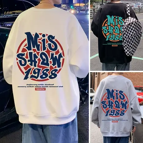 潮牌字母印花美式圆领卫衣男春秋ins港风宽松套头春季长袖上衣服商品大图