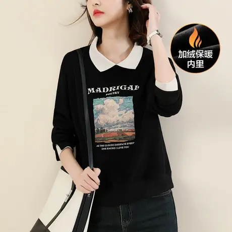 韩潮袭人美式复古假两件印花加绒卫衣女2023冬装新款百搭显瘦上衣图片