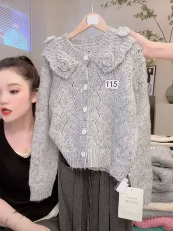 小众设计感立体花朵毛衣外套女2023秋装新款哭宽松钩花针织开衫洋图片