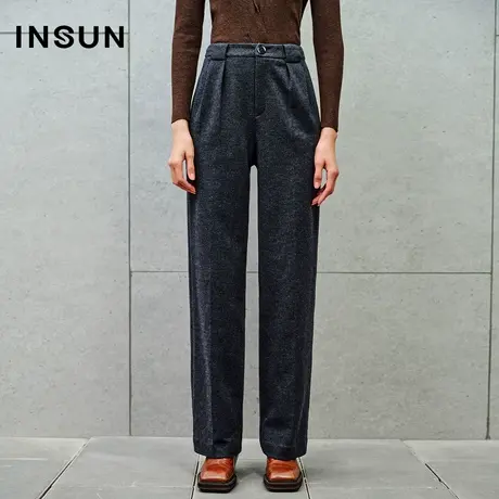 INSUN恩裳线上专选冬季羊毛混纺休闲裤高腰直筒裤图片
