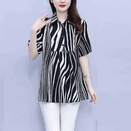 气质时髦减龄衬衫女2023夏季新款胖MM大码宽松显瘦遮肚子短袖衬衣商品大图