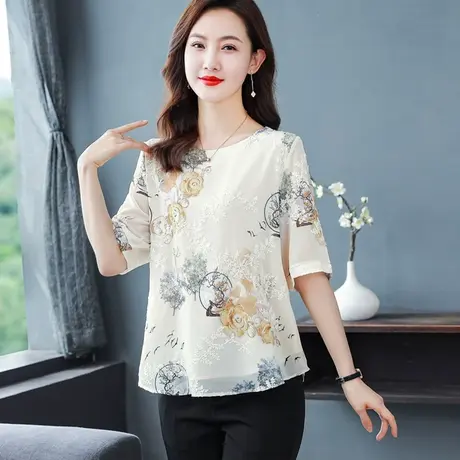 雪纺衫短袖女上衣2023新款夏季大码遮肚子胖mm宽松减龄中长款妈妈商品大图