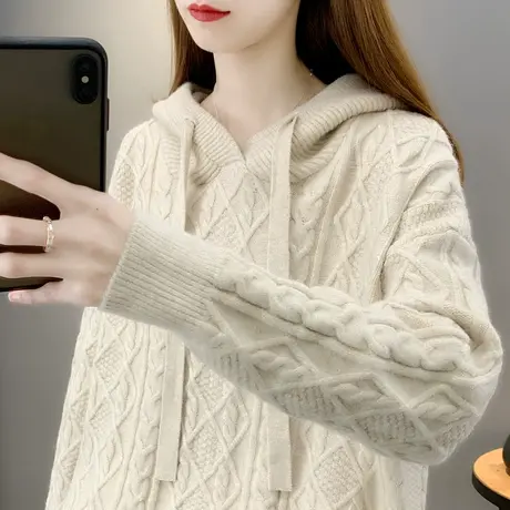 连帽针织衫女士百搭套头毛衣女2023秋冬季新款宽松系带外套卫衣女商品大图