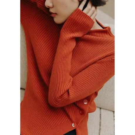 弥古橘色不规则开叉针织衫秋冬打底新年毛衣女设计感开叉内搭上衣商品大图