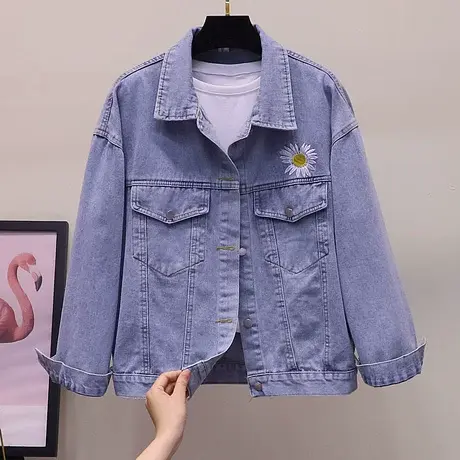 春秋新款韩版宽松大码bf学生刺绣百搭港味复古牛仔外套女ins夹克商品大图