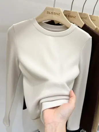 圆领双面德绒打底衫女秋冬内搭加绒加厚保暖上衣纯色长袖t恤女潮图片