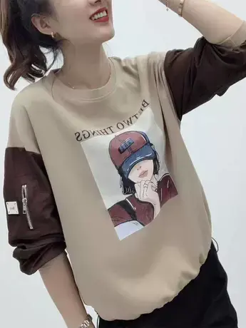 女士上衣早秋新款时尚圆领韩版拼色印花休闲宽松卫衣减龄百搭长袖图片