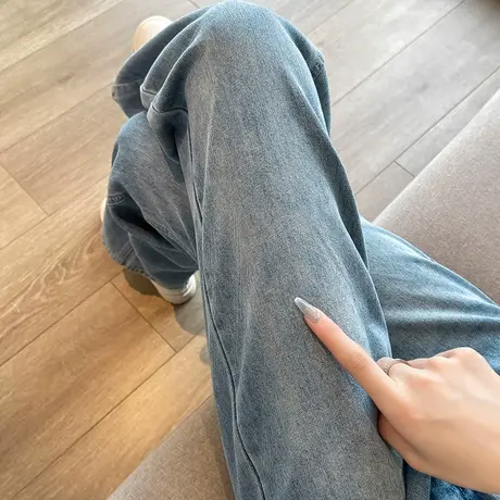 窄版复古高腰阔腿牛仔裤女春秋新款宽松显瘦垂感简约直筒拖地长裤商品大图