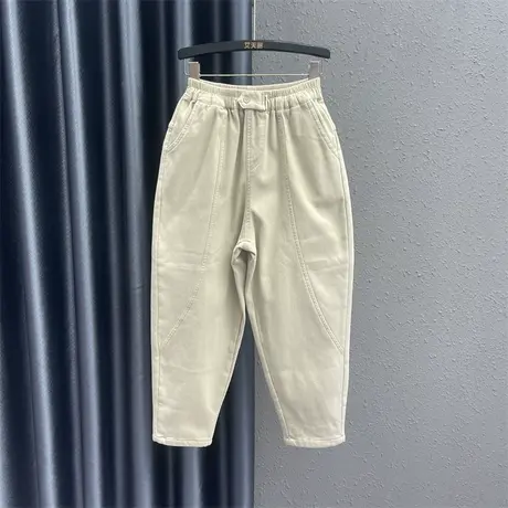 欧货简约风休闲裤女2023秋冬新款卡其色松紧腰时尚加绒老爹哈伦裤图片