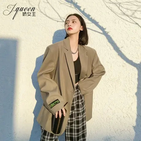 西装外套女加厚夹棉秋季复古英伦风宽松廓形显瘦中长款宽肩小西服商品大图