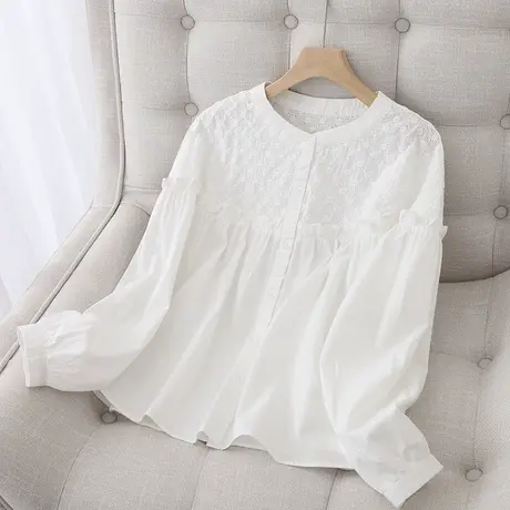 蕾丝花边纯棉白色衬衫女长袖2022秋季镂空刺绣花衬衣立领宽松上衣商品大图