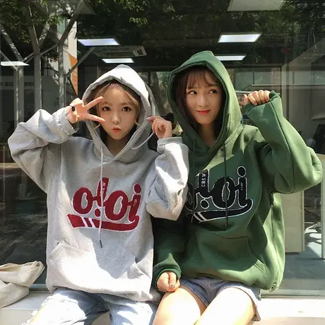 原宿风情侣装连帽卫衣女秋冬季加绒加厚bf外套宽松韩版潮学生班服商品大图