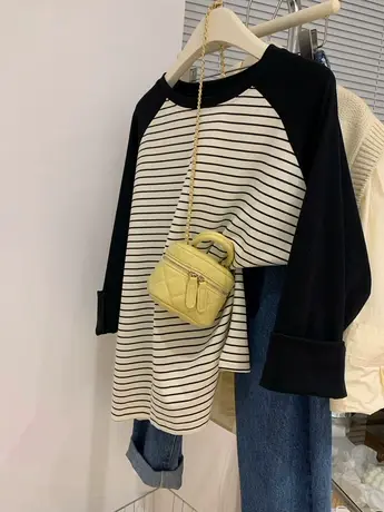 高级感独特别致插肩袖打底衫上衣漂亮条纹小衫时尚撞色长袖t恤女商品大图