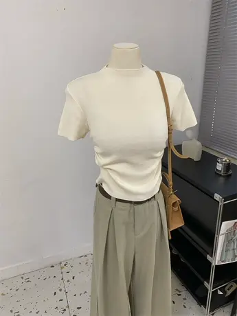 简约基础款软乎乎腰两侧褶皱设计气质立领半高领针织衫短袖上衣秋商品大图