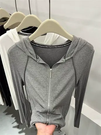 灰色运动双拉链连帽衫修身长袖针织T恤女2023早秋新款百搭打底衫商品大图