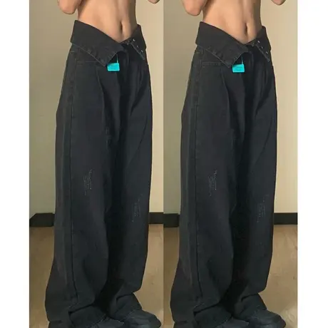 黑色高腰阔腿牛仔裤女春季宽松显瘦设计感梨形身材裤子高街ins潮图片