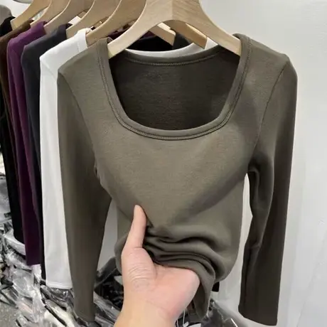 方领正肩露锁骨长袖T恤女秋冬季加绒韩版修身内搭上衣打底衫潮ins商品大图