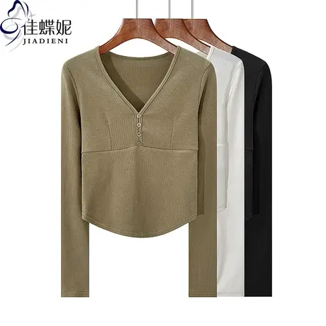 秋季新款V领修身下摆圆弧纯欲短款纯棉纯色长袖体恤上衣女打底衫商品大图