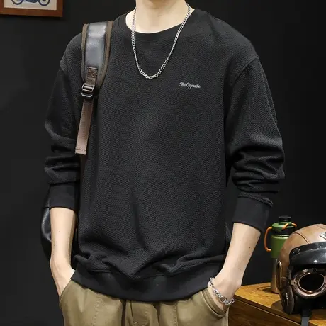 提花面料潮牌卫衣男春秋款圆领男款衣服春季2024新款长袖大码黑色图片