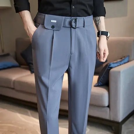夏季薄款休闲裤男士冰丝垂感灰色小西裤潮流商务小脚九分西装裤男商品大图
