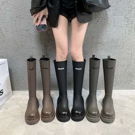 厚底长筒靴女2023年春秋季新款超火洋气法式瘦瘦靴粗跟高跟骑士靴图片