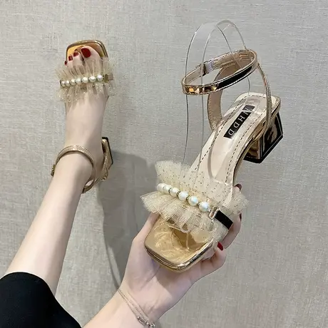 凉鞋女夏季2022新款一字扣带粗跟小清新高跟鞋女透明仙女风罗马鞋商品大图