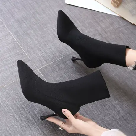 黑色短靴2023新款尖头网红瘦瘦靴配裙子穿的靴子百搭细跟袜靴女秋商品大图