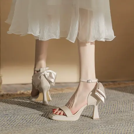 一字带高跟鞋女性感2024年夏季新款仙女风方头露趾蝴蝶结粗跟凉鞋商品大图