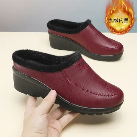加绒拖鞋女外穿皮面防水防滑包头棉拖秋冬一脚蹬无后跟懒人鞋妈妈商品大图