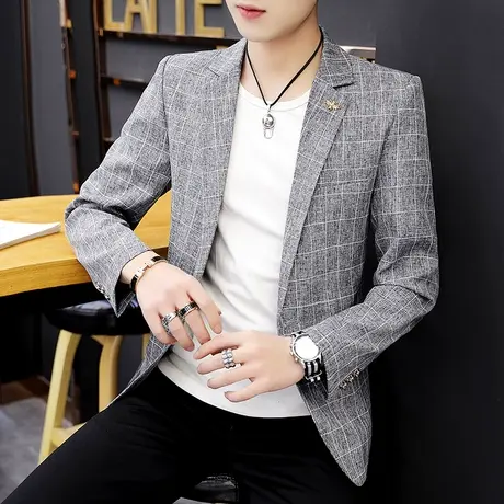 男装外套2023新款潮流格子西装春秋季男士雅痞英伦休闲薄款小西服商品大图