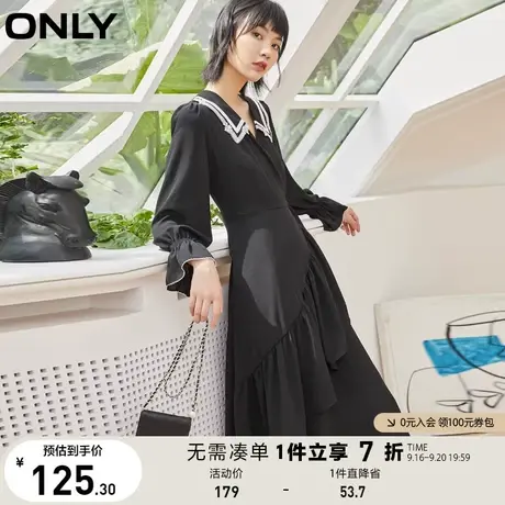 【买5免1】ONLY奥莱夏季腰间系带长袖娃娃领中长款连衣裙女图片