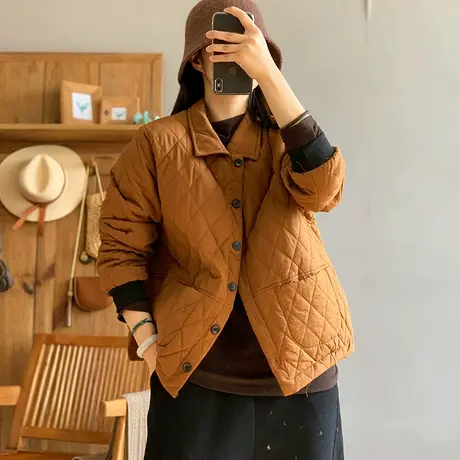 dza 复古菱格翻领棉衣外套女冬季休闲宽松棉袄上衣纽扣口袋棉服女商品大图