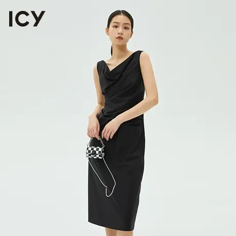 icy春夏新款优雅小众设计纯色露背荡领无袖连衣裙【梦会停设计】图片