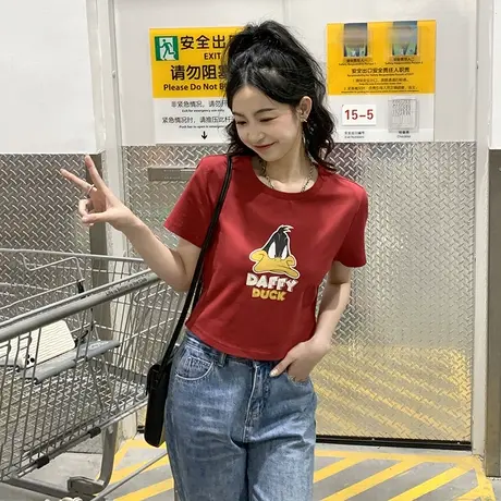 [兔八哥联名]唐狮红色短袖T恤女潮夏季时尚短款紧身小衫辣妹图片