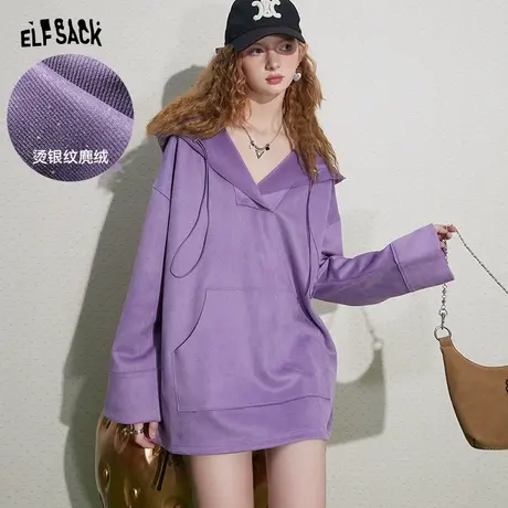 妖精的口袋v领麂绒连帽卫衣外套女2023秋季新款美式宽松长袖卫衣商品大图