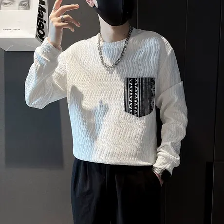 男士卫衣印花口袋潮流T恤衫春秋季日系肌理感休闲打底上衣外套潮商品大图