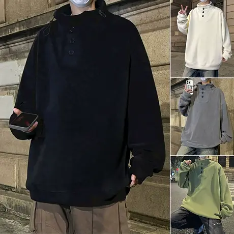 港风卫衣男春秋季新款纯色潮流宽松套头打底衫加厚加绒外套基础款商品大图