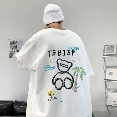 椰树小熊短袖t恤男女夏季潮牌纯棉涂鸦港风宽松体恤上衣高街情侣商品大图