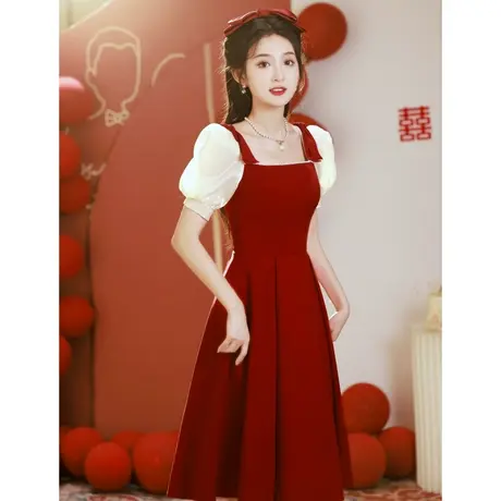 订婚礼服女法式敬酒服结婚当天便装回门服平时可穿红色连衣裙夏季图片
