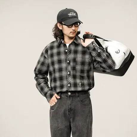 休闲男长袖衬衫外套色织条时尚衬衫纯棉春秋翻领破洞衬衫休闲男装商品大图