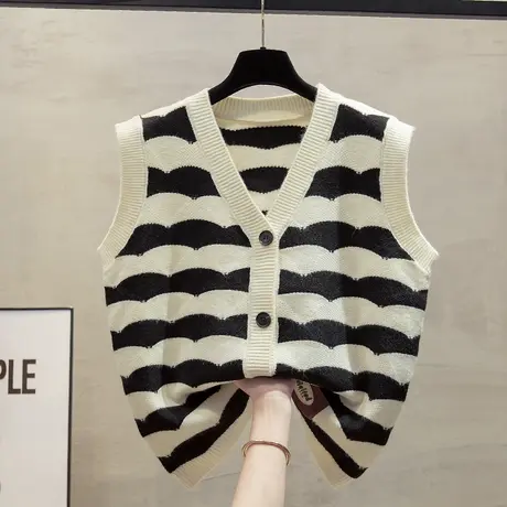 条纹针织开衫马甲背心女2025秋冬新款宽松外穿马夹v领毛衣坎肩潮商品大图