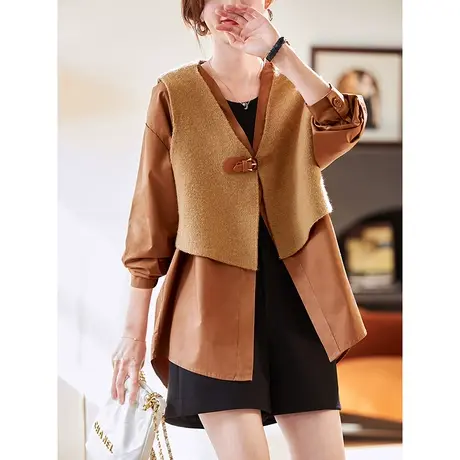 宝诗黎假两件针织拼接衬衫2024新款洋气设计感春季百搭长袖上衣女商品大图