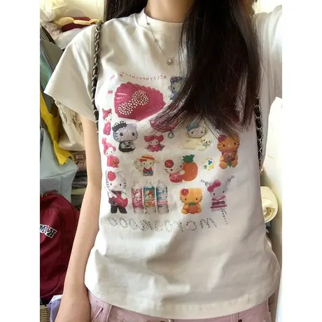 纯棉白色正肩猫咪短袖t恤女夏季设计感小众美式短款辣妹修身上衣图片
