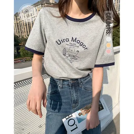 yoe今年流行灰色t恤女撞色短袖纯棉上衣粉色内搭美式复古女装夏装图片