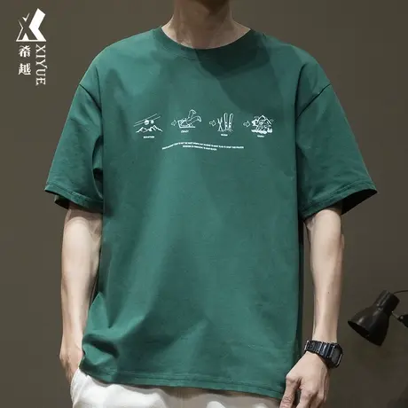 希越重磅260g墨绿色短袖T恤男2024春季新款宽松大码男士纯棉上衣商品大图